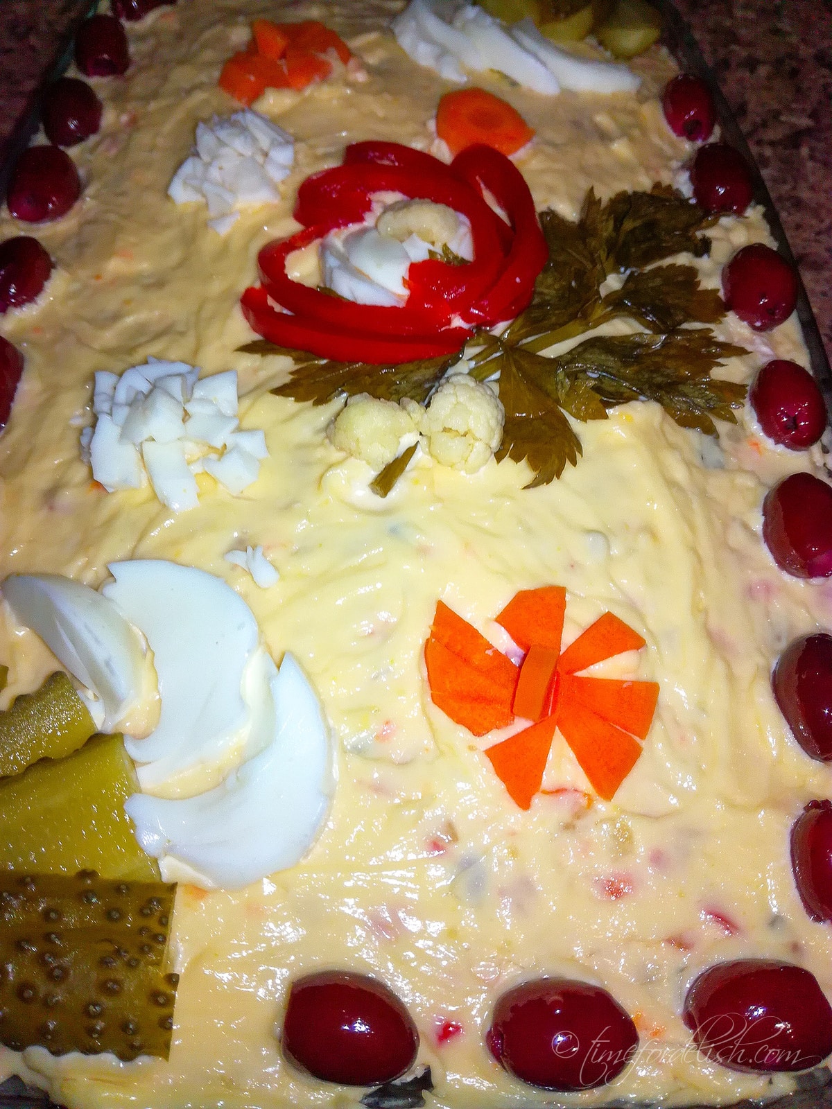 picture homemade and of served Russian Olivier Salad at New Year and other celebrations