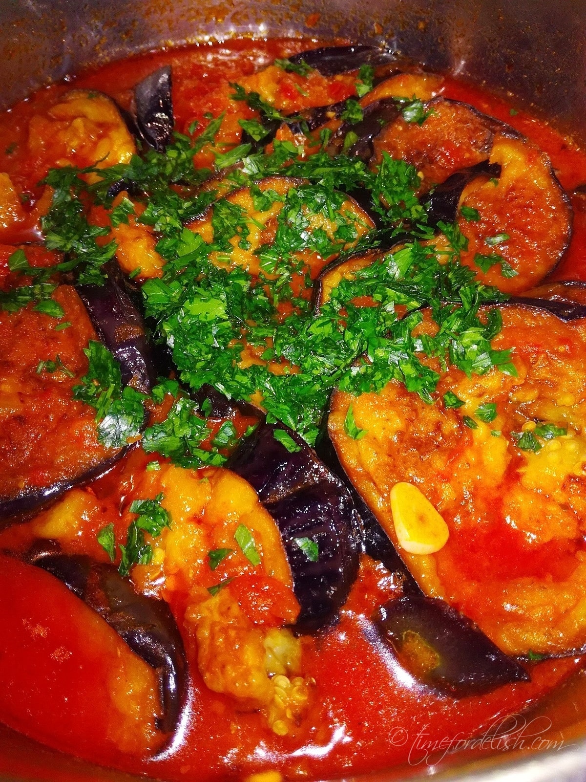image of pot with eggplant tomato pork stew