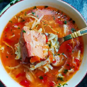 pork knuckle noodle soup in a bowl
