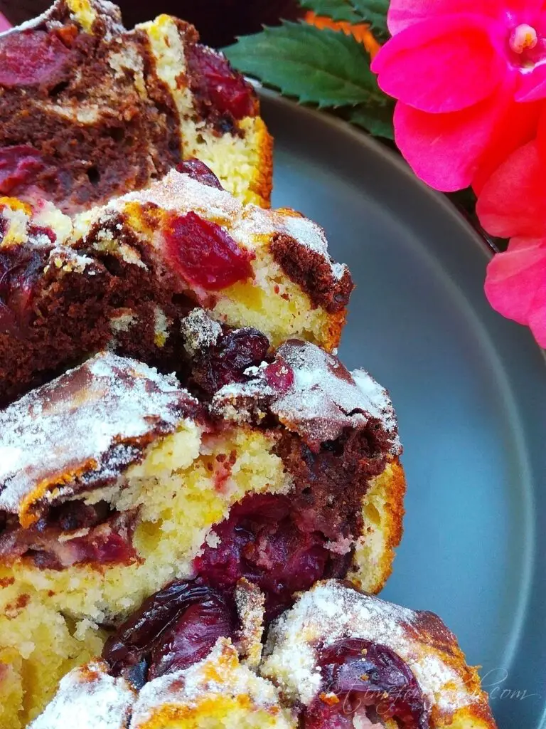 sour cherry marble cake slices on a plate